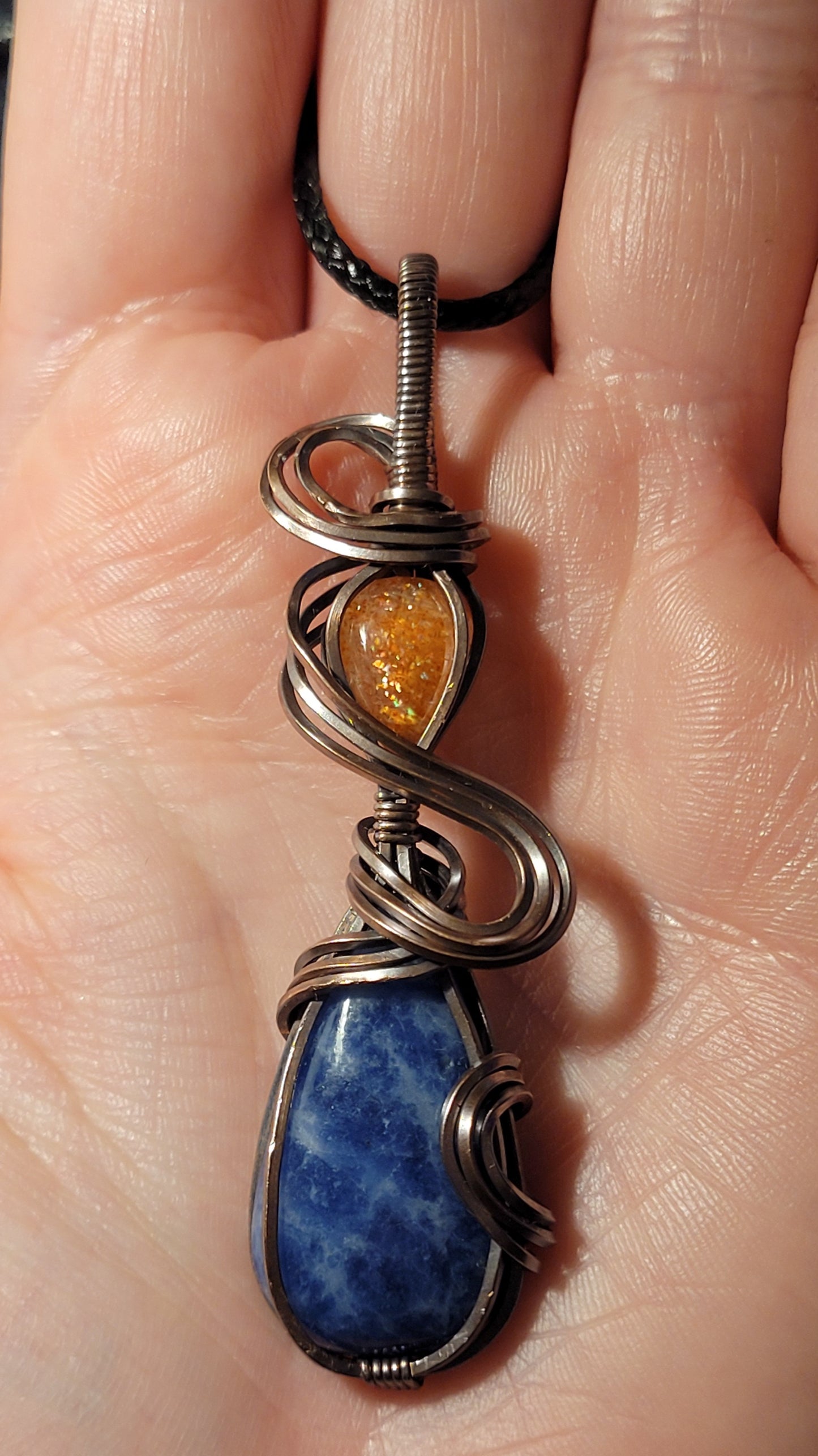 Sodalite and Sunstone pendant, raw copper